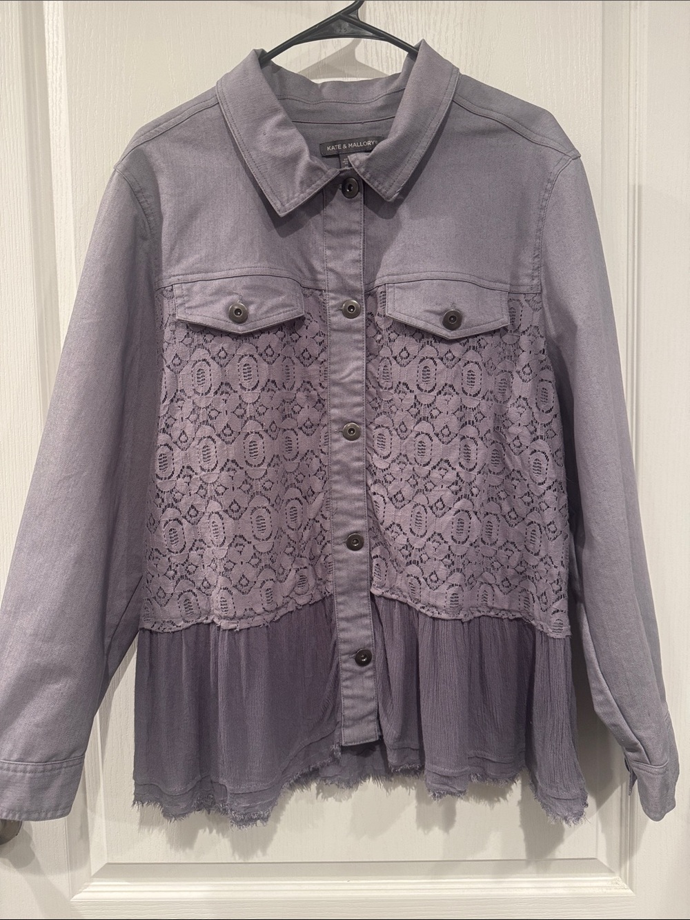 Kate & Mallory 1X Purple Lace Inset Ruffle Hem Denim Jacket